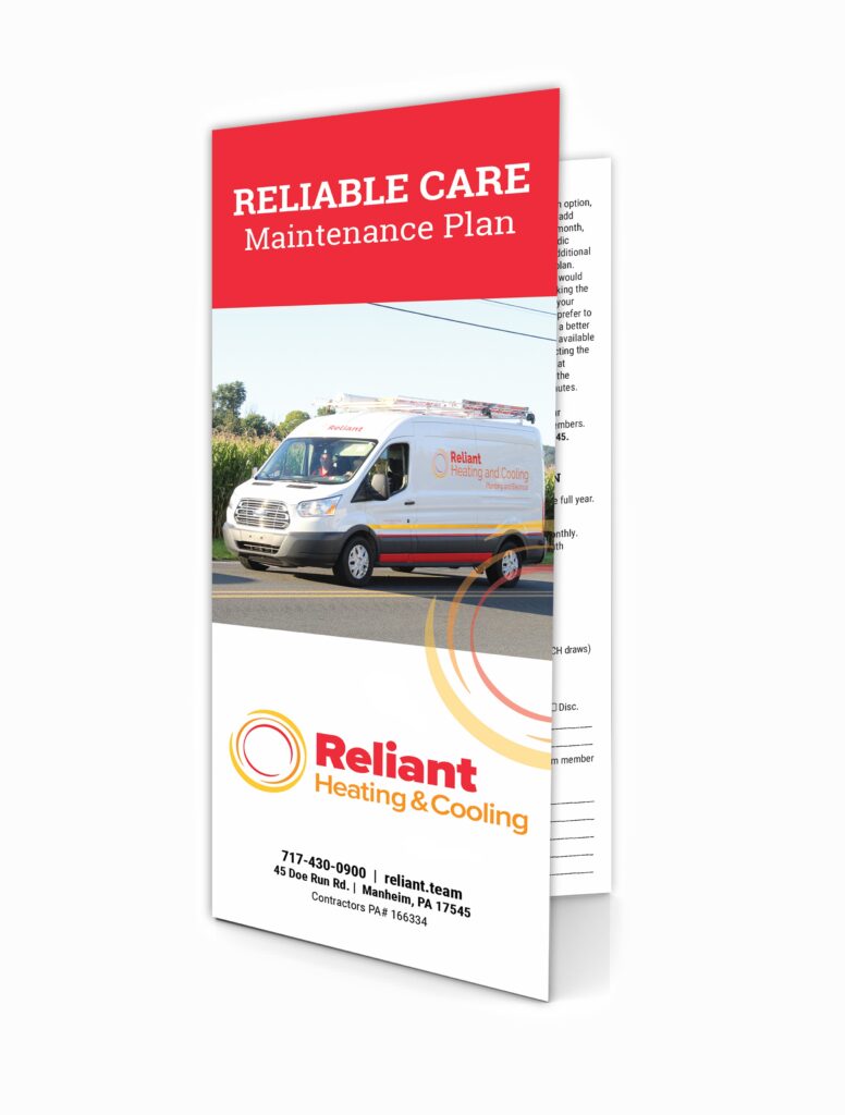 Picture of the Reliable Care Maintenance Brochure cover, with a white Reliant truck on the cover.