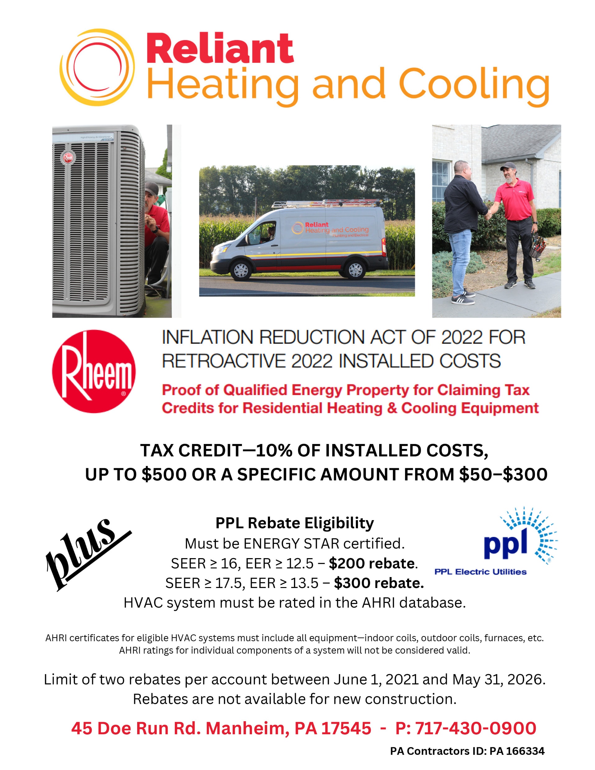 Specials Reliant Heating Cooling Discounts Manheim PA